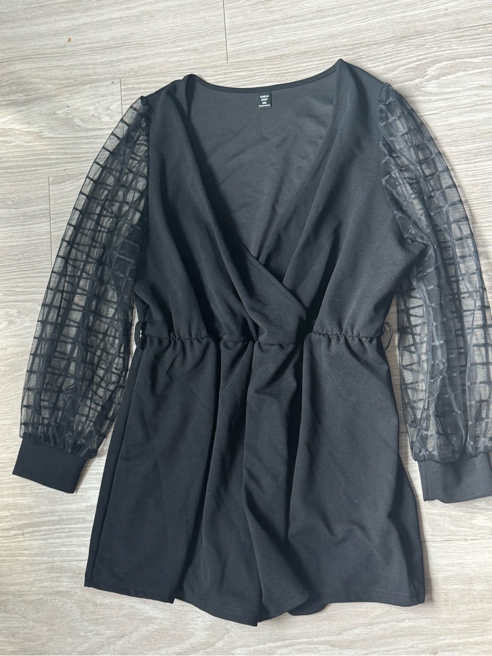 SHEIN Black Surplice Romper Dress with Sheer Grid Long Sleeves